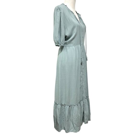 Lovestitch Dress Button Front Midi Blue Boho Linen Blend Puff Sleeves Sz Large - Picture 10 of 12
